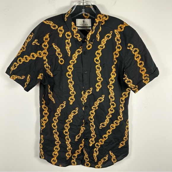 ❤️FATHER SONS Stylish Black and Gold Chain Print Men's Shirt XL - Picture 3 of 10